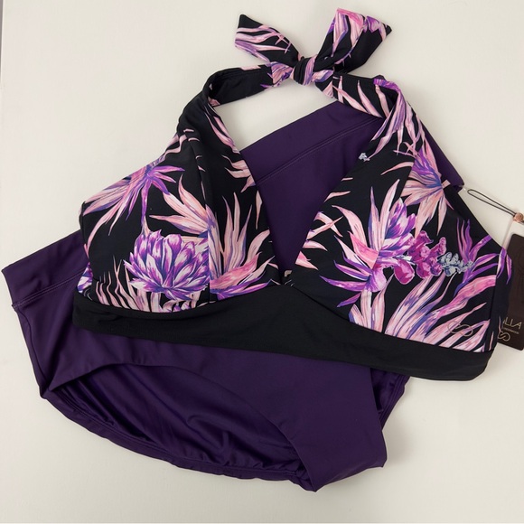 CALIA  Black with Purple Tropical Print Plunging V Neck Halter Swimsuit … - Picture 7 of 9